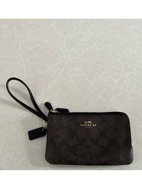 Coach Brown Logo Zip Wristlet with Gold Hardware
